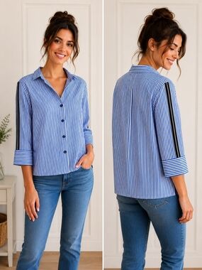 Blue and White Striped Button-Down with Black Sleeve Stripe Bershka Size S